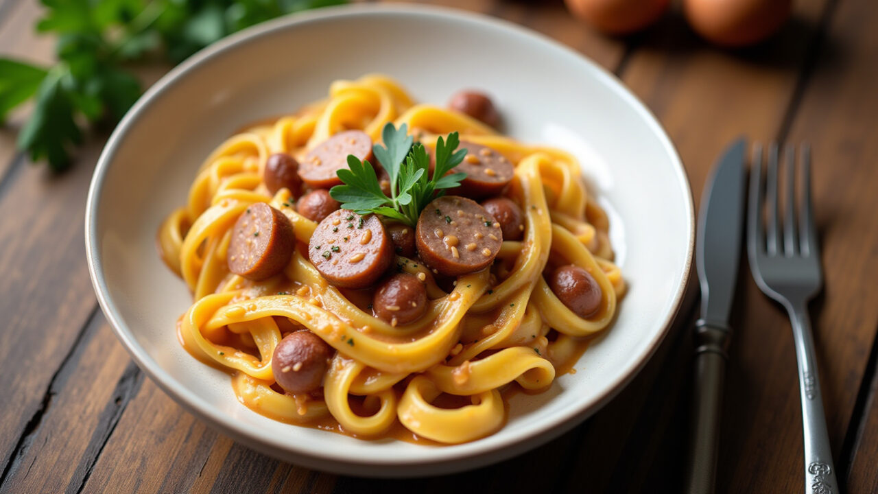 Overhead shot, creamy sausage pasta on a rustic wooden table, garnished with parsley, natural Macarrão cremoso com salsicha pronto para servir.