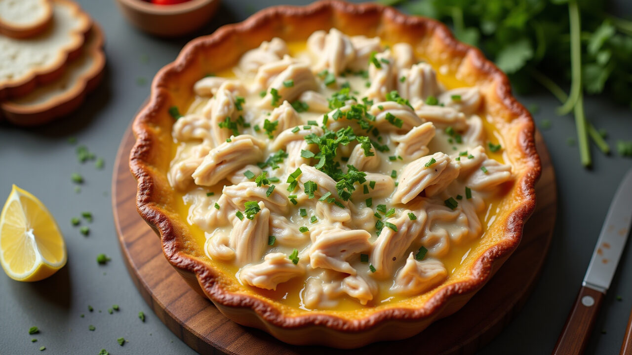 Overhead shot, creamy shredded chicken filling a rustic pie, golden crust, Brazilian kitchen Torta recheada com frango desfiado cremoso.