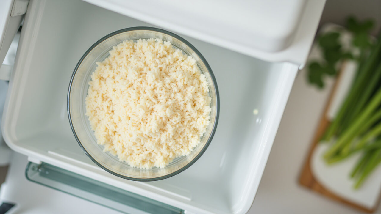 Overhead shot, glass container with leftover rice in fridge, natural lighting, clean kitchen, 8k Arroz cozido armazenado em pote de vidro na geladeira.