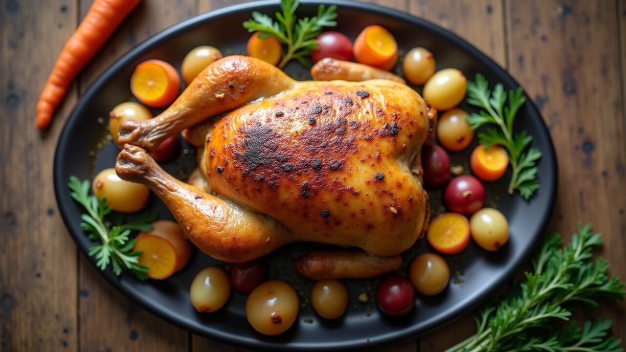 Overhead shot, golden roasted chicken on platter, rustic Brazilian kitchen, potatoes, carrots, Frango assado perfeito com batatas e cenouras.