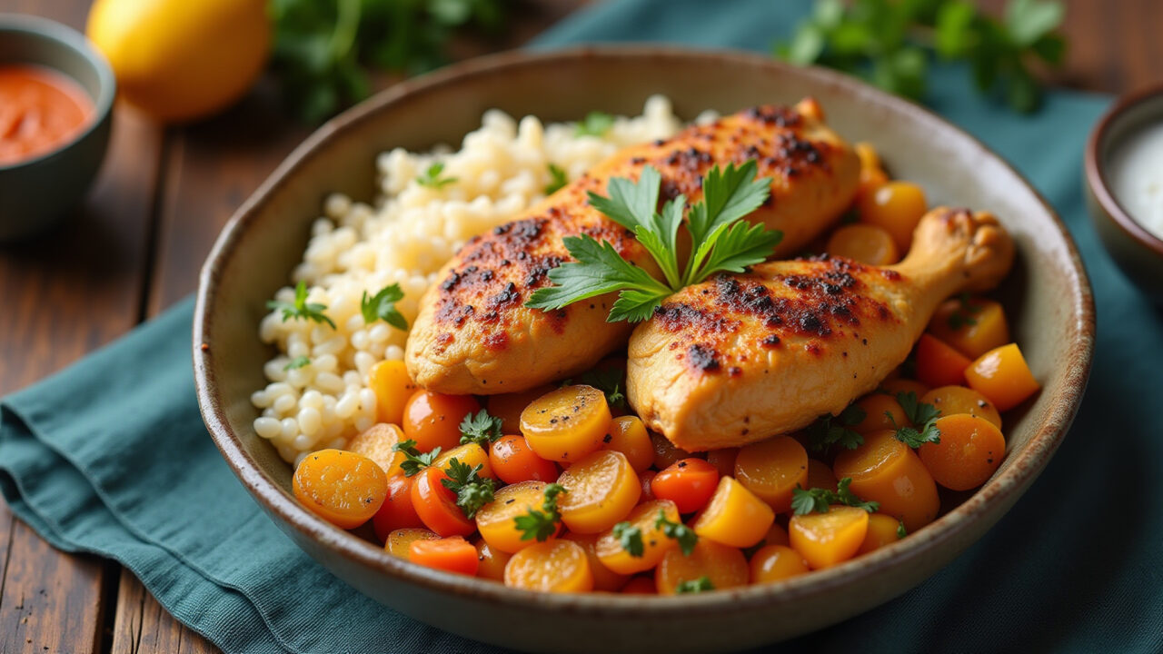 Overhead shot of creamy chicken and rice dish, Brazilian spices, colorful vegetables, rustic bowl, Galinhada cremosa brasileira autêntica.