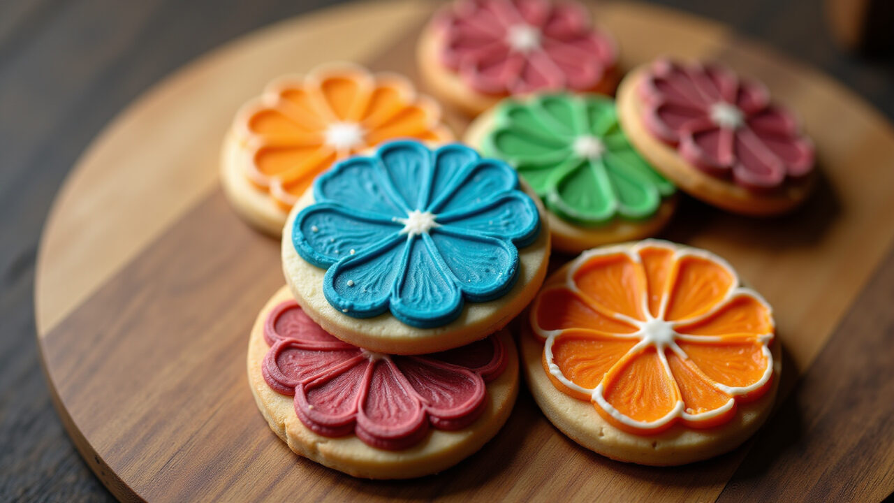 Overhead shot of decorated cookies on a wooden table, Brazilian sweets, vibrant colors, Biscoitos decorados em mesa de madeira, doces brasileiros.