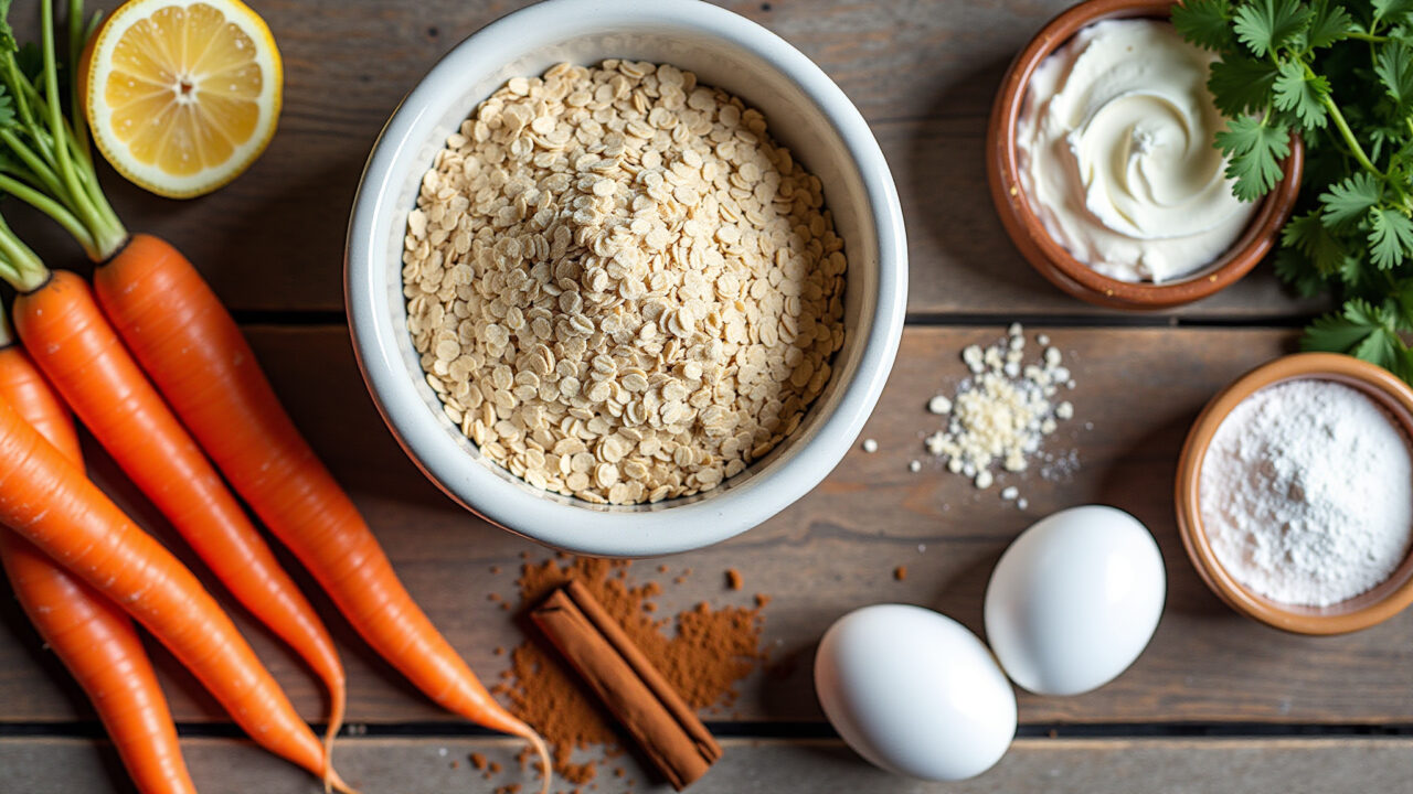 Overhead shot of ingredients for carrot oat cake: carrots, oats, eggs, flour, cinnamon, rustic Ingredientes frescos para bolo de cenoura com aveia.