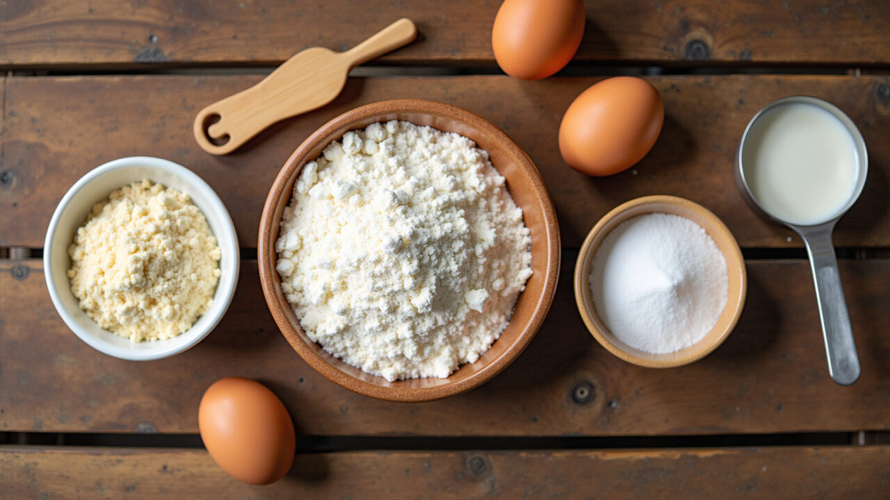 Ingredientes para bolo pão de ló: ovos, açúcar, farinha.