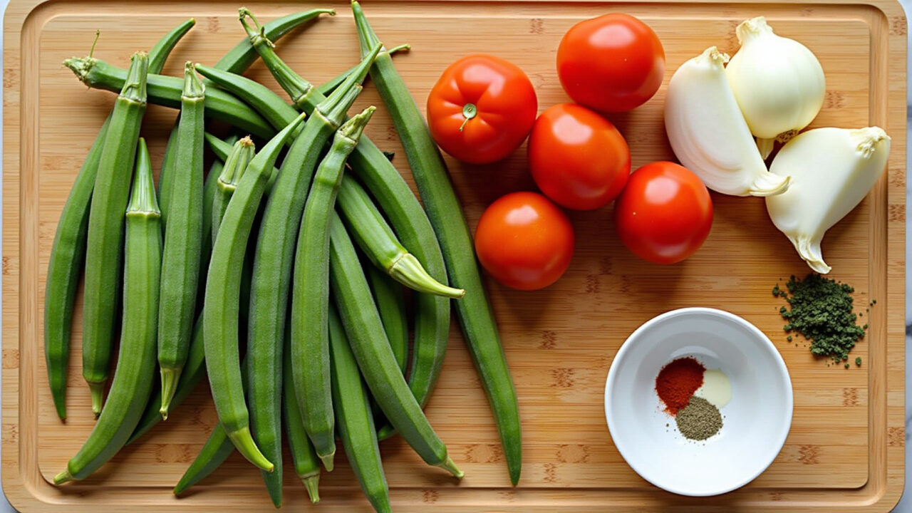 Overhead shot of okra, tomatoes, onions, garlic, and spices on a wooden cutting board, ready to be Ingredientes para refogado de quiabo.
