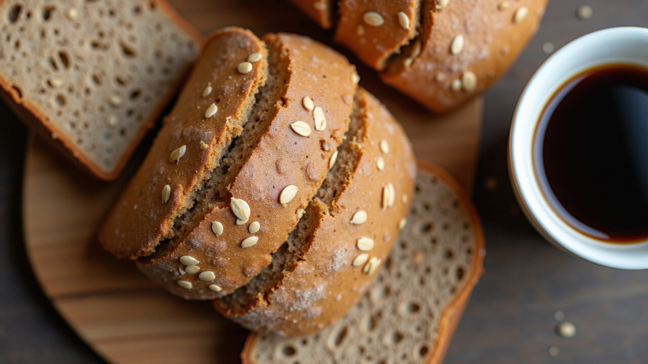 Overhead shot of sliced whole wheat bread with seeds, rustic table, cup of coffee, natural light, Pão integral caseiro fatiado com sementes.