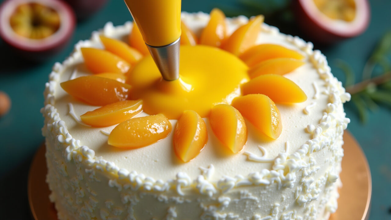 Overhead shot, passion fruit cake filling being piped onto a fluffy white cake, vibrant tropical Recheio de maracujá cremoso sendo aplicado em bolo.