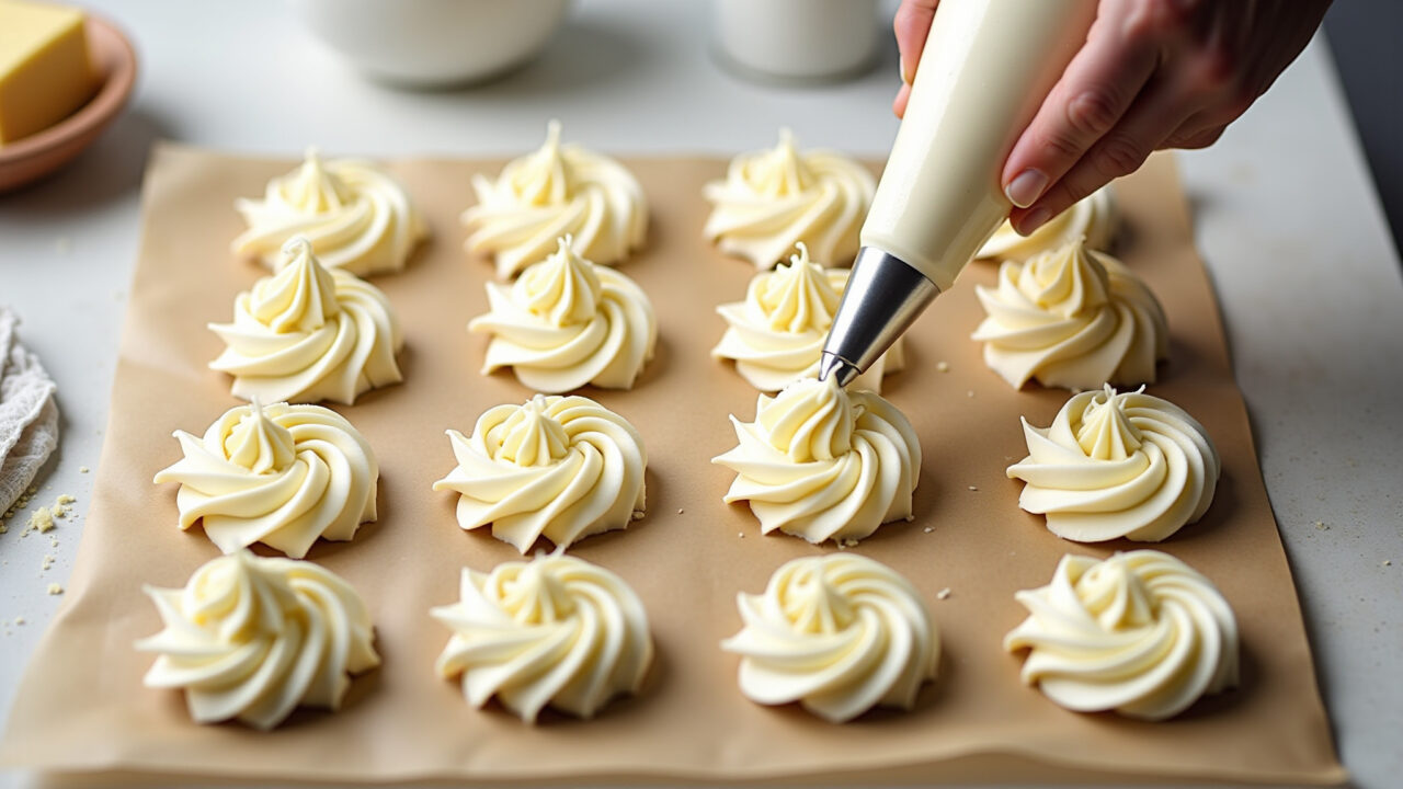 Overhead shot, perfect buttercream rosettes on parchment paper, piping bag, sharp focus, 8K Rosetas de glacê perfeitas em papel manteiga.