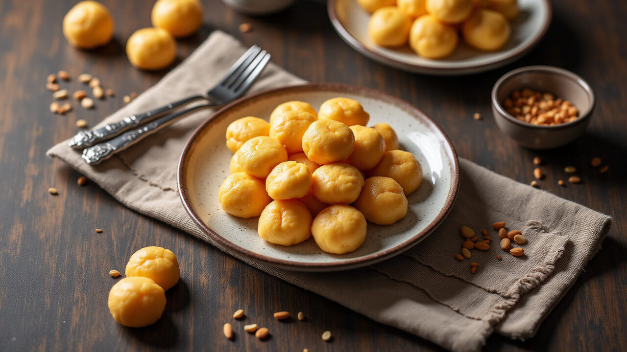 Overhead shot, rustic kitchen table, golden pão de queijo made with sweet tapioca starch, Pão de queijo caseiro feito com polvilho doce, receita tradicional.
