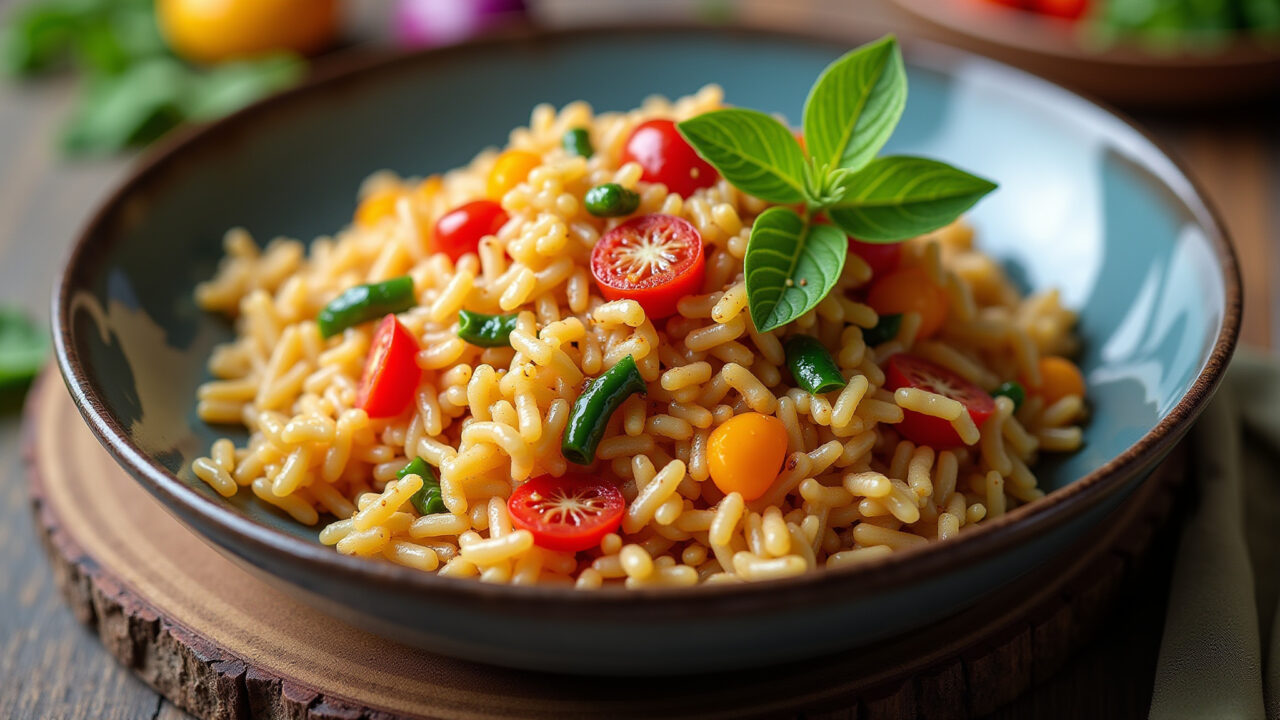 Overhead shot, vibrant arroz frito with colorful vegetables, shoyu drizzle, served on a rustic Arroz frito com legumes, prato colorido e saboroso.