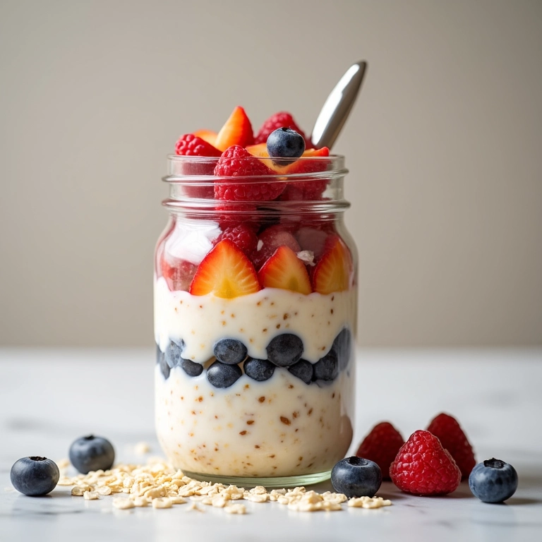 Overnight oats em um pote de vidro com camadas de iogurte, frutas e aveia, praticidade e nutrição para o dia a dia.
