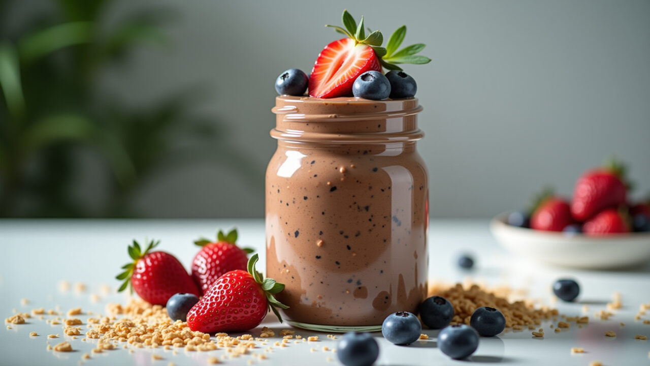 Overnight oats with chocolate whey protein, fresh fruits, and granola, served in a glass jar, Overnight oats com whey de chocolate, frutas e granola.