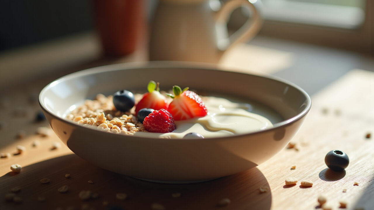 Overnight oats with natural yogurt, fruits, practical breakfast. Natural lighting, 8K quality, Overnight oats com iogurte natural e frutas, café da manhã prático.
