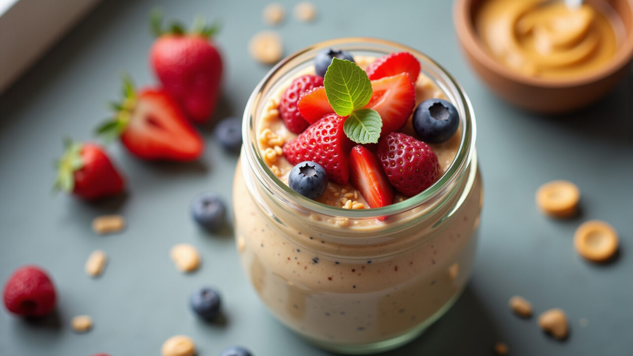 Overnight oats with peanut butter, fresh fruit, professional photography, 8K quality, sharp focus, Overnight oats com pasta de amendoim e frutas frescas.