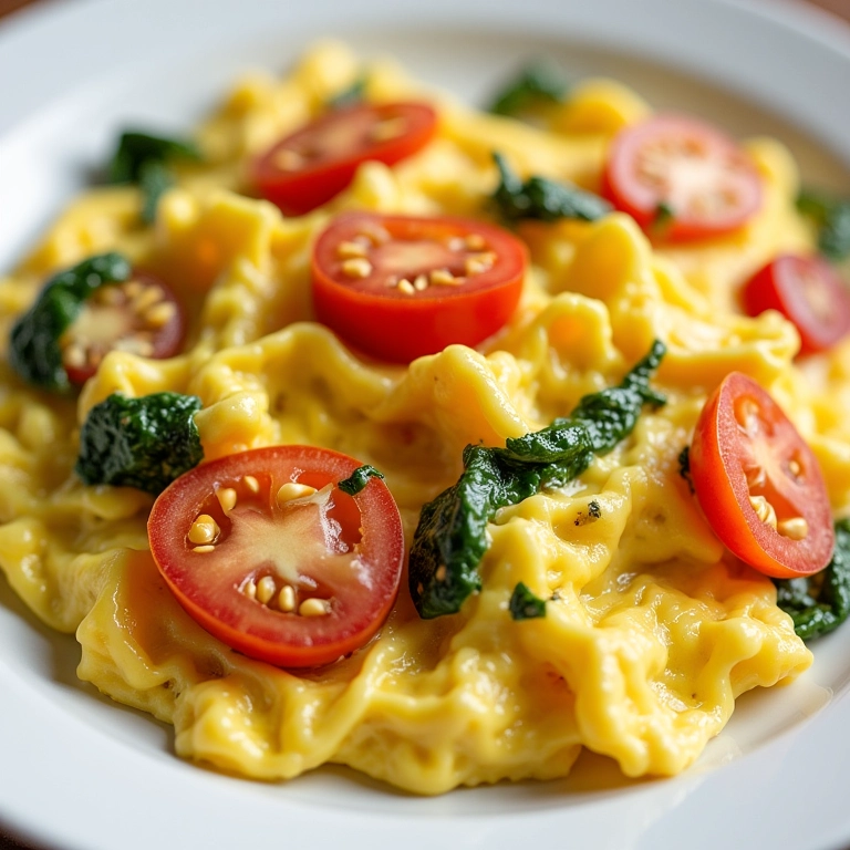 Ovos mexidos cremosos com vegetais frescos.