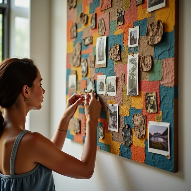 Painel de fotos feito com retalhos coloridos de MDF, decorado com fotos.