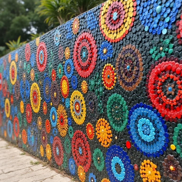 Painel de mosaico colorido feito com tampinhas de garrafa PET.