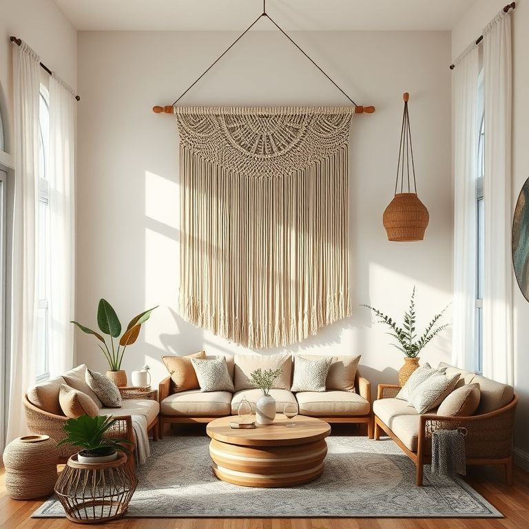 Painel decorativo em macramê com curvas elegantes em sala de estar boho-chic.