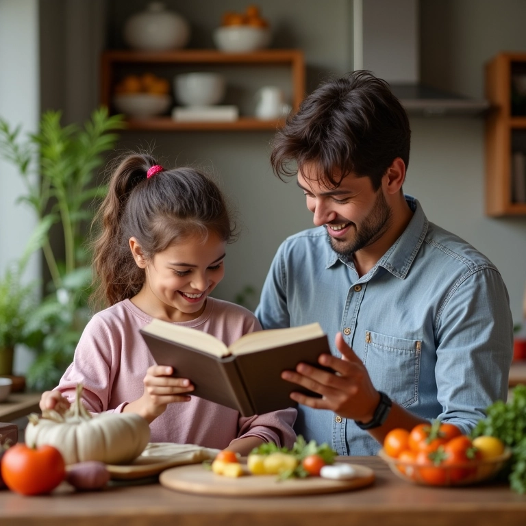 Pais sorrindo, um lendo um livro enquanto o outro prepara o jantar, mostrando equilíbrio.