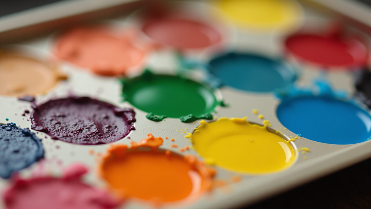 Palette of mixed food coloring, professional photography, 8K quality, sharp focus, natural Misturando cores de corante.