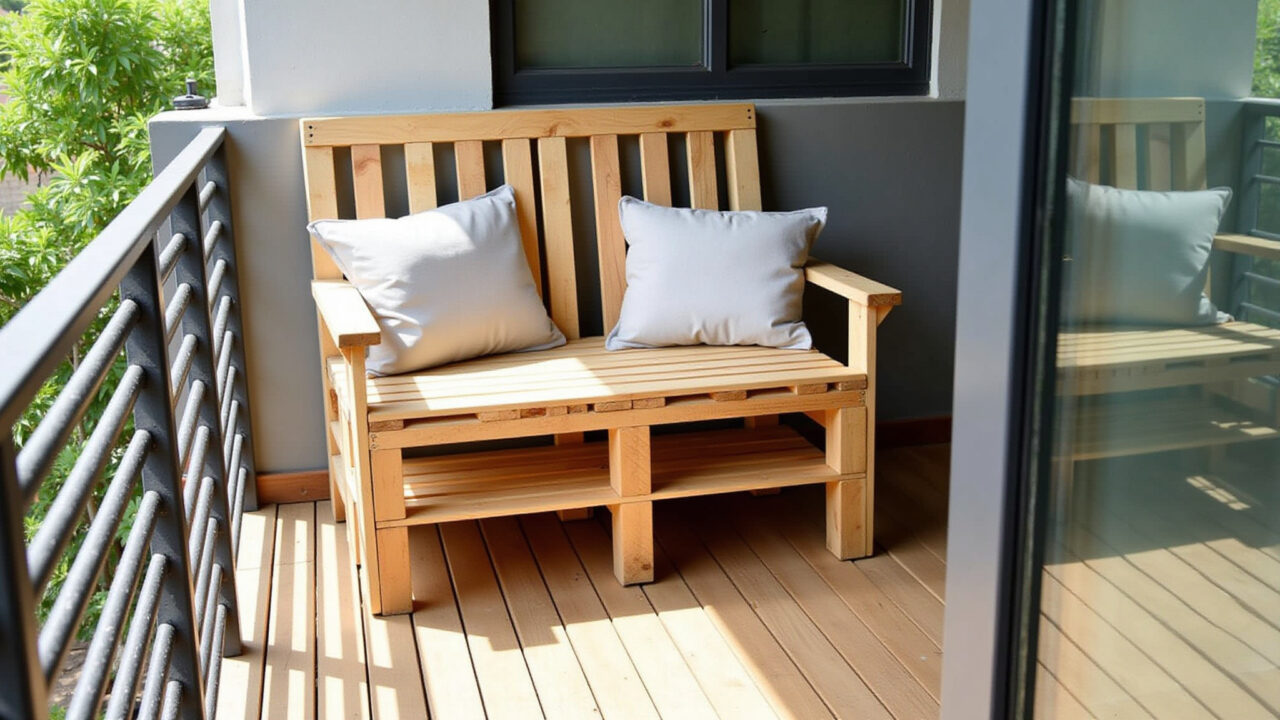 Pallet bench for balcony, relaxing outdoor space, Brazilian design, natural light, lifestyle Banco de paletes para varanda com almofadas.