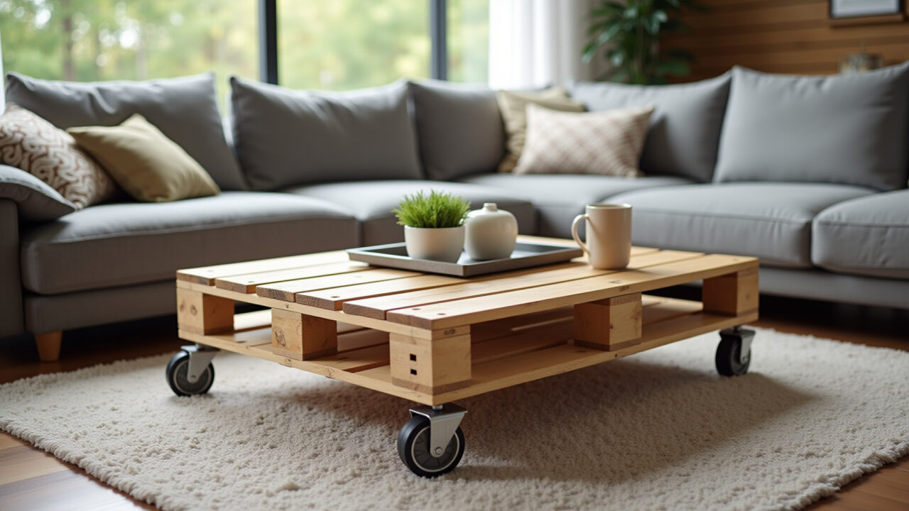Pallet coffee table with wheels, modern living room, Brazilian decor, natural light, commercial Mesa de centro de paletes com rodinhas em sala de estar.