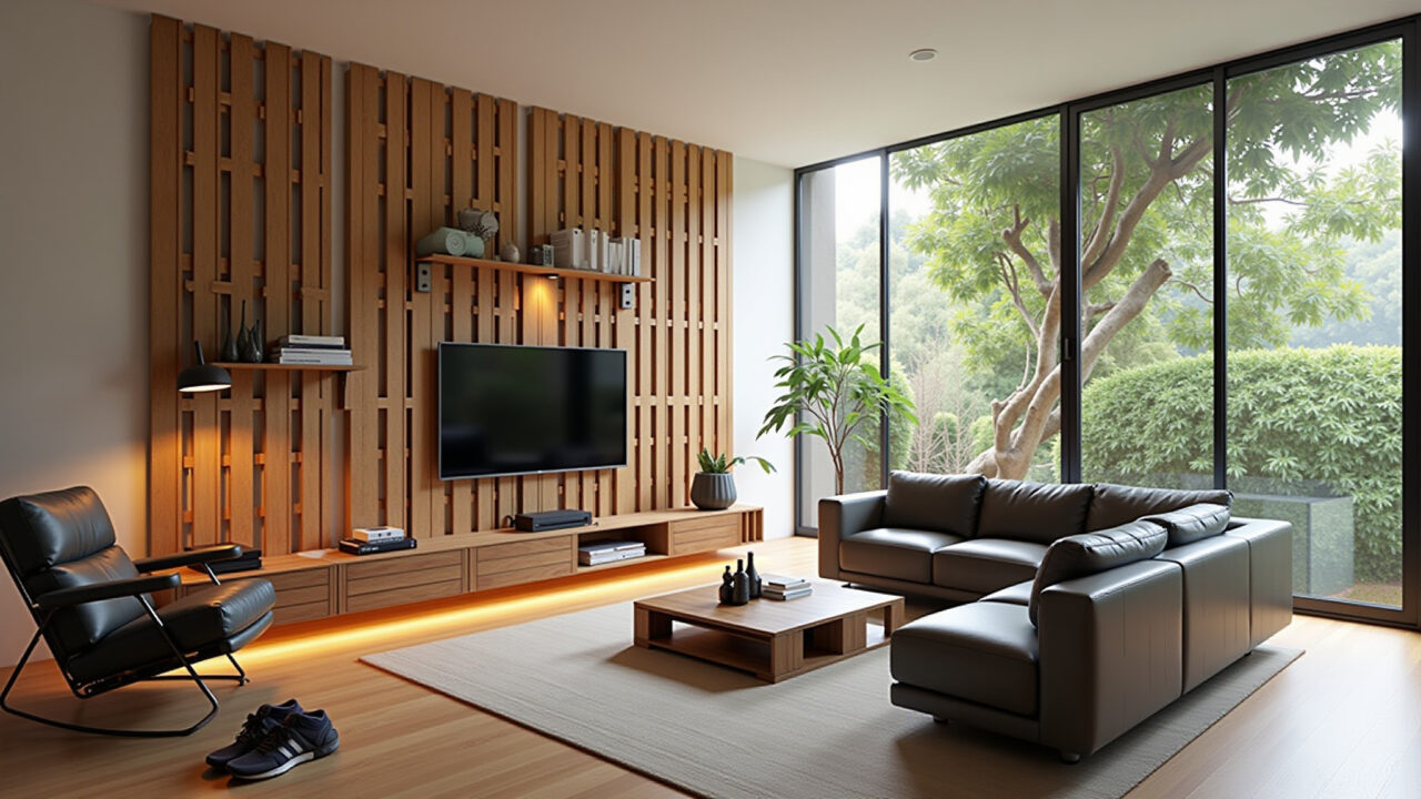 Pallet room divider, stylish living room, Brazilian decor, natural lighting, commercial Divisória de ambientes feita com paletes.