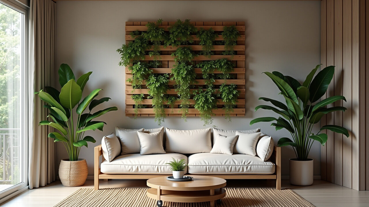Pallet vertical garden, nature in living room, Brazilian design, natural light, lifestyle Jardim vertical de paletes com plantas e flores.