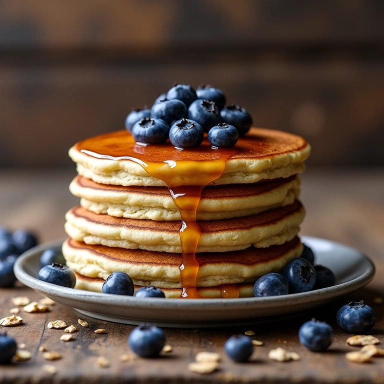 Panquecas de aveia fofinhas com mirtilos e calda de bordo, um café da manhã nutritivo e delicioso.