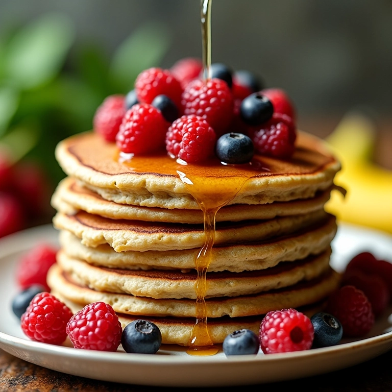Panquecas de banana com aveia, mel e frutas vermelhas.
