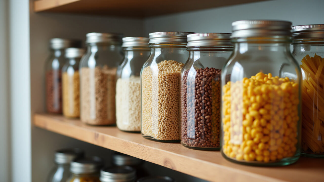 Pantry organization with recycled glass jars holding grains, beans, pasta, natural light, 8K, Mantimentos organizados em potes de vidro reciclados na despensa.
