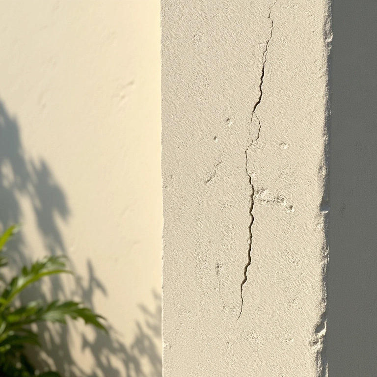 Parede externa com massa corrida apresentando rachaduras devido à umidade.