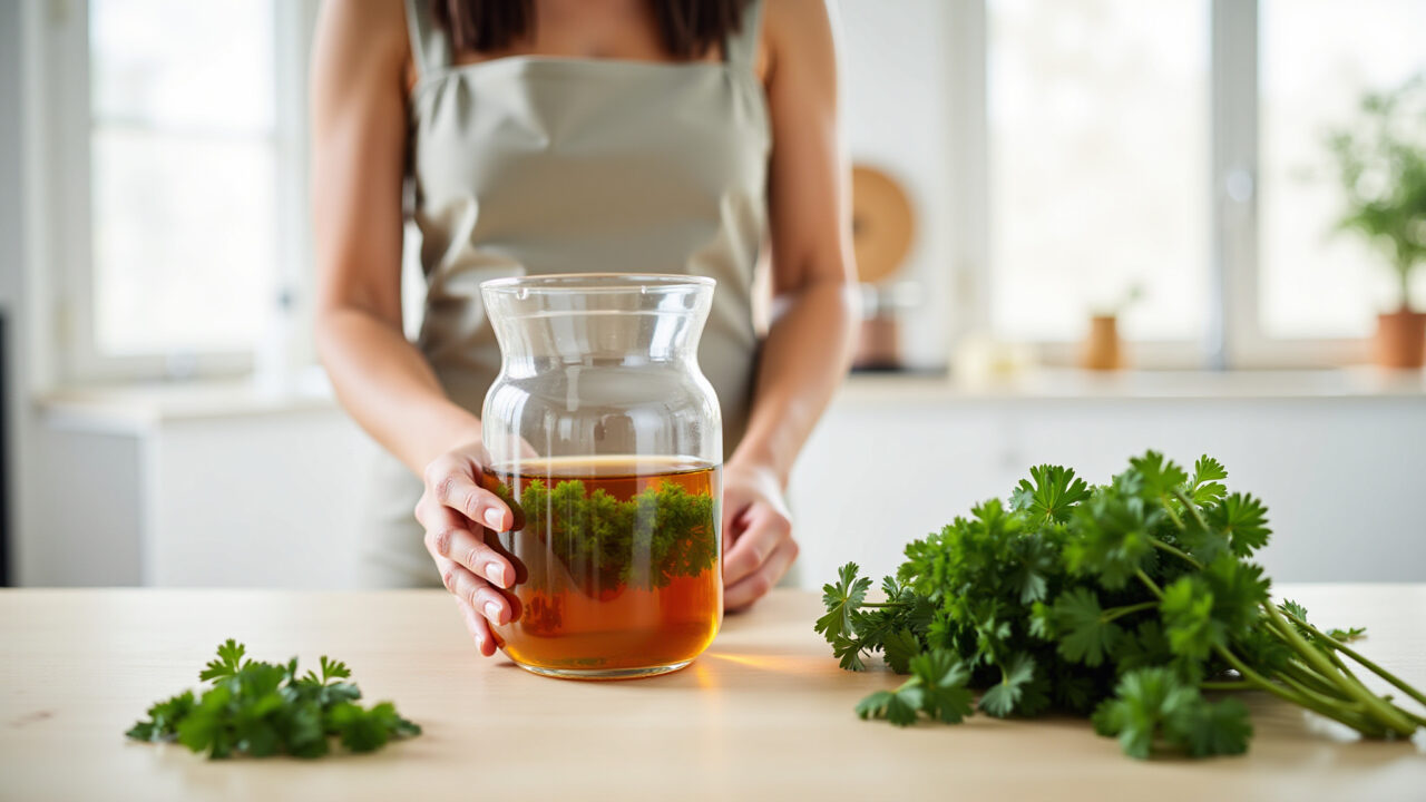 Parsley tea, fresh parsley, bright kitchen, natural light, woman preparing, lifestyle photography, Chá de salsa sendo preparado em uma cozinha iluminada.