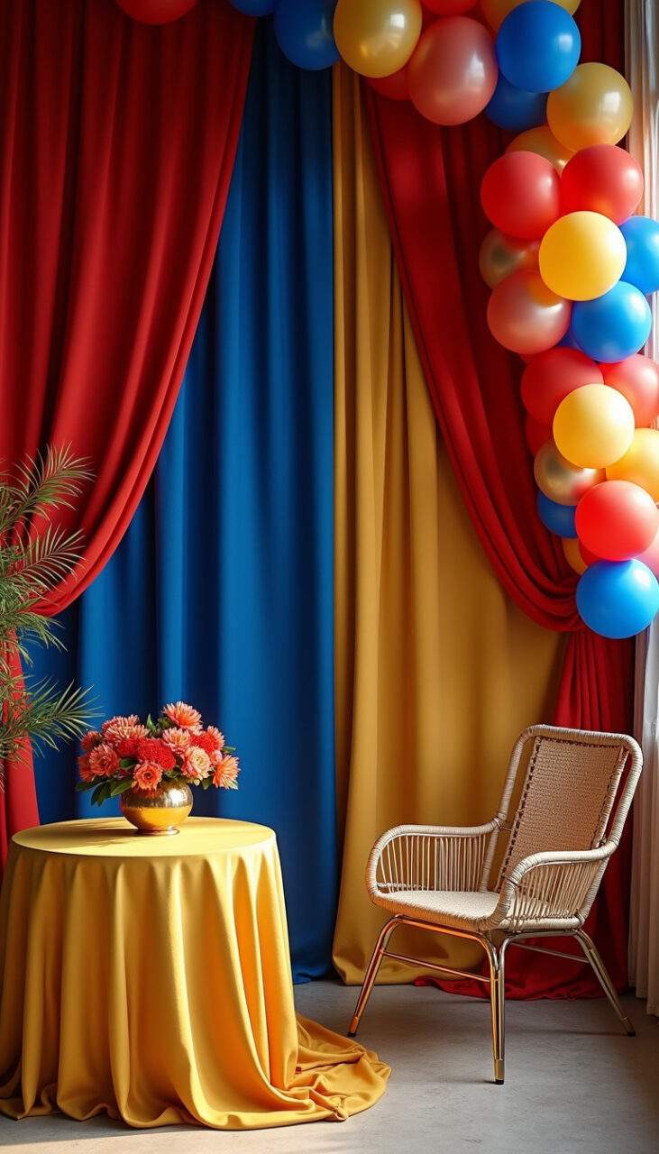 Party color palette, gold, red, royal blue fabrics, balloons, flowers, elegant celebration, Paleta de cores dourado, vermelho e azul royal para festa A Bela e a Fera.