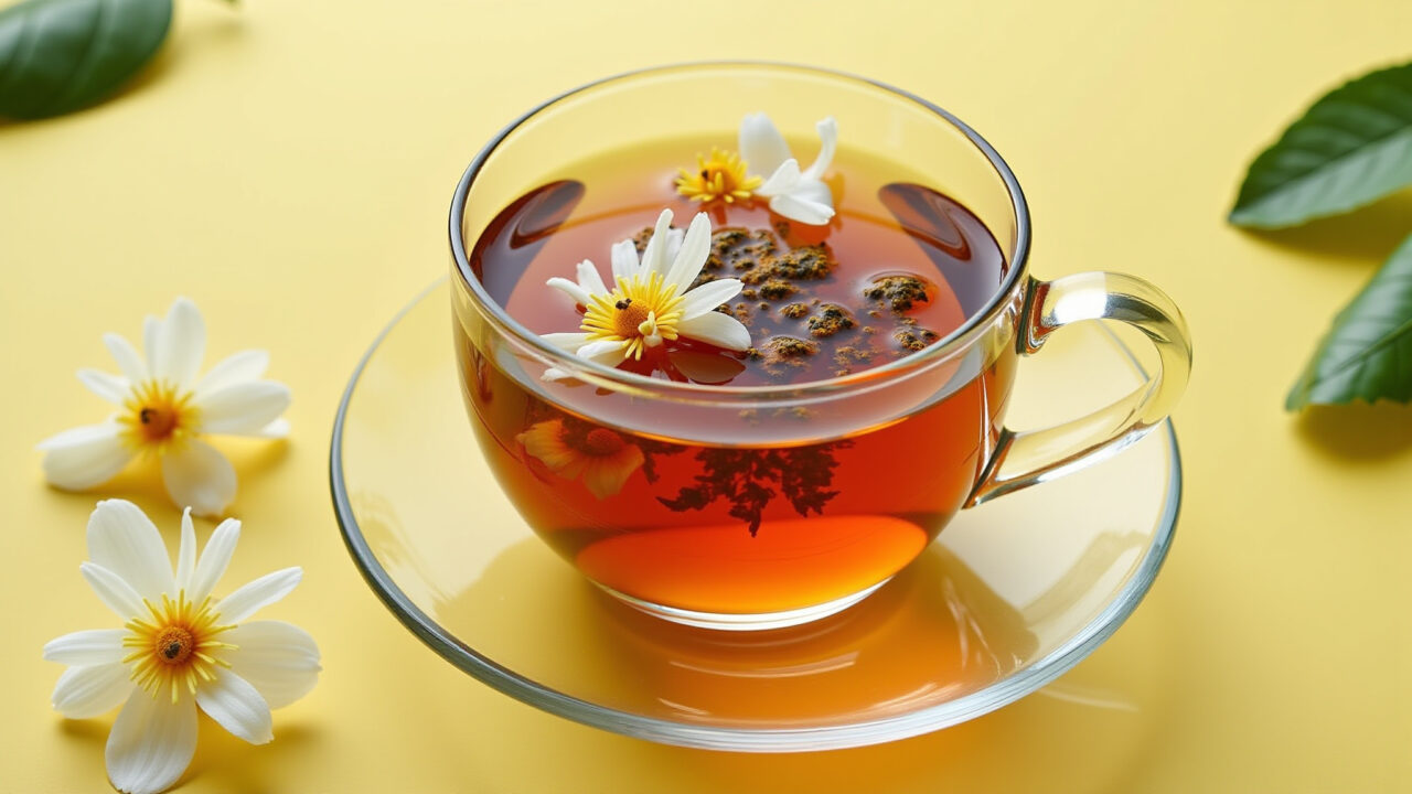 Passiflora tea with passion fruit flowers, bright and airy, Brazilian style, 8k, commercial Chá de passiflora com flores de maracujá, ideal para acalmar a mente.
