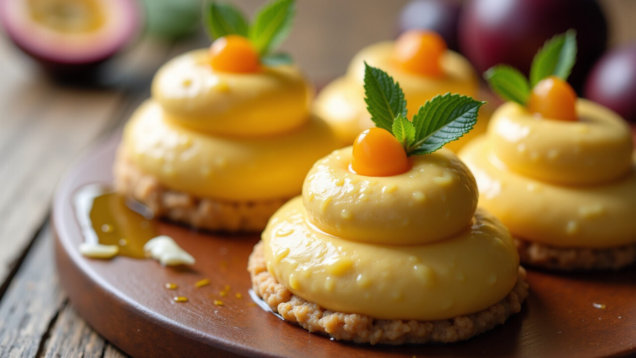 Passion fruit mousse, creamy, close-up shot, professional photography, 8K quality, natural Mousse de maracujá simples com creme de leite gelado.