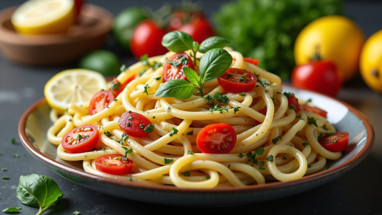 Pasta primavera, seasonal vegetables, herbs, lemon, professional photography, 8K quality, sharp Macarrão primavera.