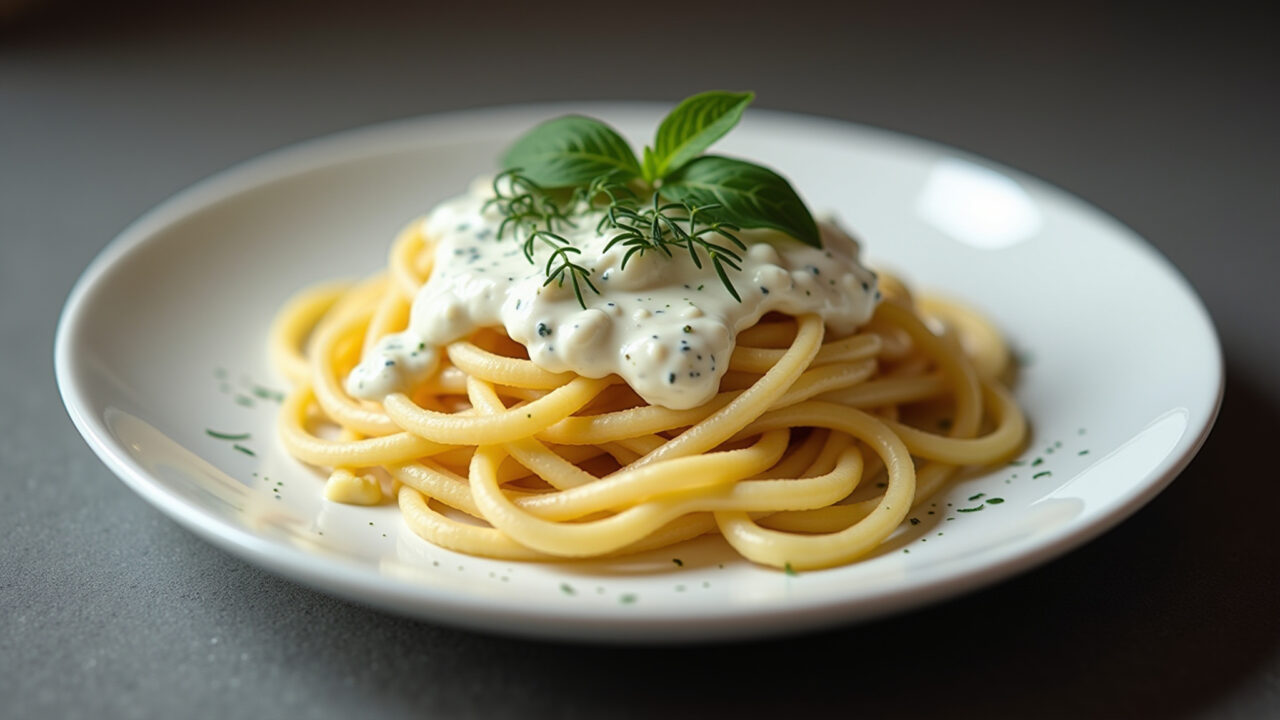 Pasta with creamy white sauce and fresh herbs on a plate, Brazilian style, professional Macarrão com molho branco e ervas frescas.