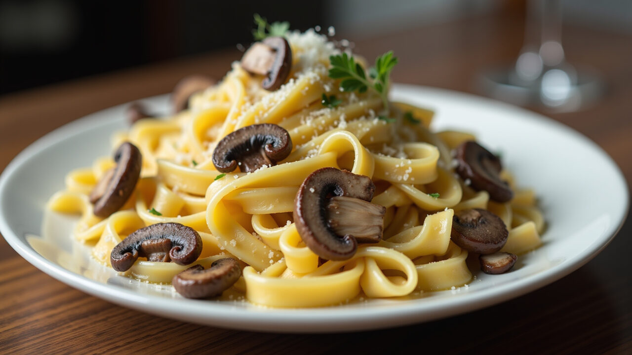 Pasta with mushrooms and truffle oil, parmesan cheese, professional photography, 8K quality, sharp Macarrão com cogumelos e azeite trufado.