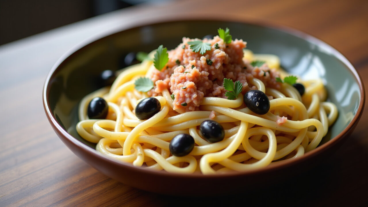 Pasta with tuna and olives, capers, chili flakes, professional photography, 8K quality, sharp Macarrão com atum e azeitonas.