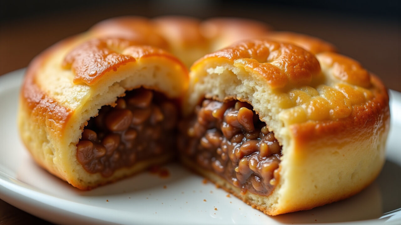 Pastel de carne moída, crispy crust, savory filling, brazilian street food, close-up shot, 8k, Pastel de carne moída crocante.