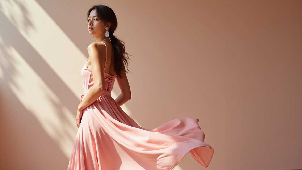 Pastel pink monochromatic outfit, woman in flowing dress, delicate accessories, natural light, Look monocromático rosa pastel com vestido fluido e acessórios delicados.
