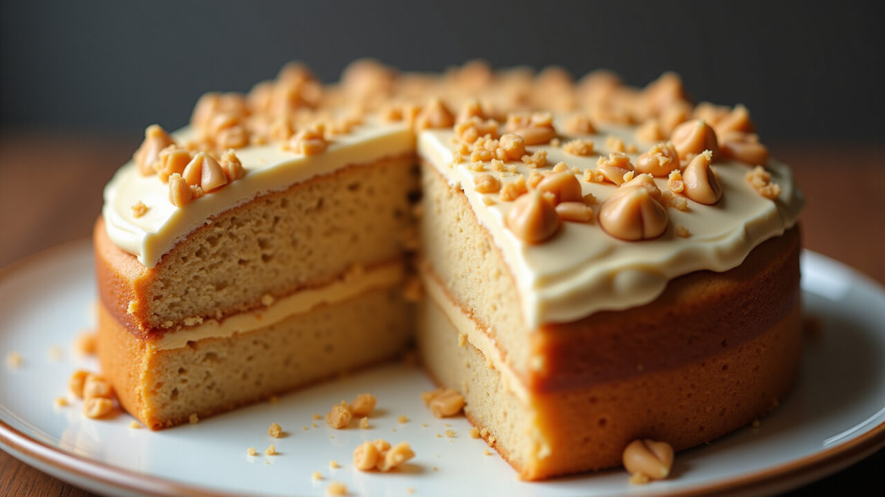 Peanut butter cake filling, creamy texture, professional photography, 8K quality, sharp focus, Recheio cremoso de pasta de amendoim para bolo.