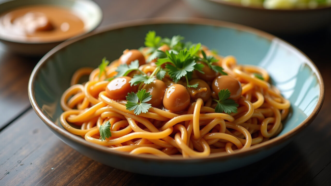 Peanut butter savory sauce, Asian noodles, professional photography, 8K quality, sharp focus, Molho salgado com pasta de amendoim servido com macarrão oriental.