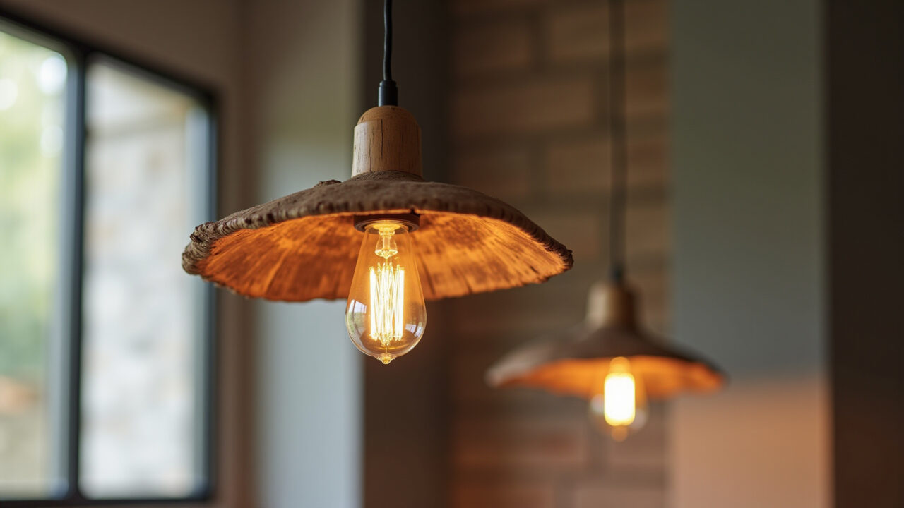 Pendant rustic lamp made of reclaimed wood, highlight, sophisticated, natural beauty, Brazilian Luminária pendente rústica de madeira de demolição.
