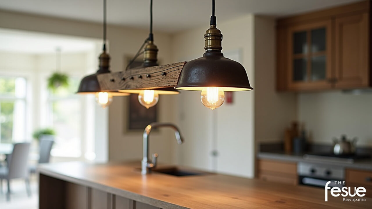 Pendant rustic lamp made of reclaimed wood illuminating a kitchen counter, modern country style, Luminária pendente rústica na cozinha.