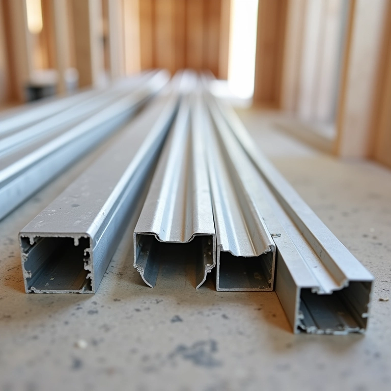 Perfis metálicos para estrutura de parede de drywall.