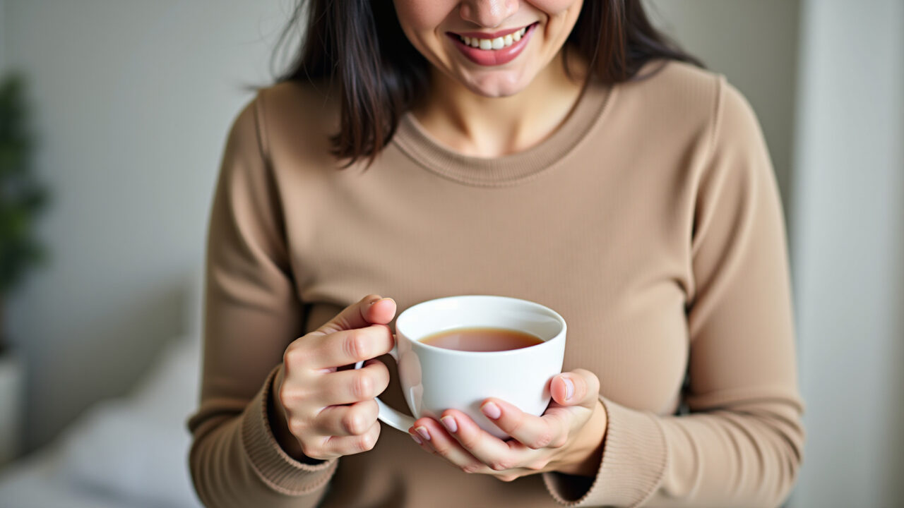 Person experiencing bloating, holding a cup of fennel tea, looking relieved, comfortable clothing, Chá de erva-doce aliviando gases e inchaço abdominal.