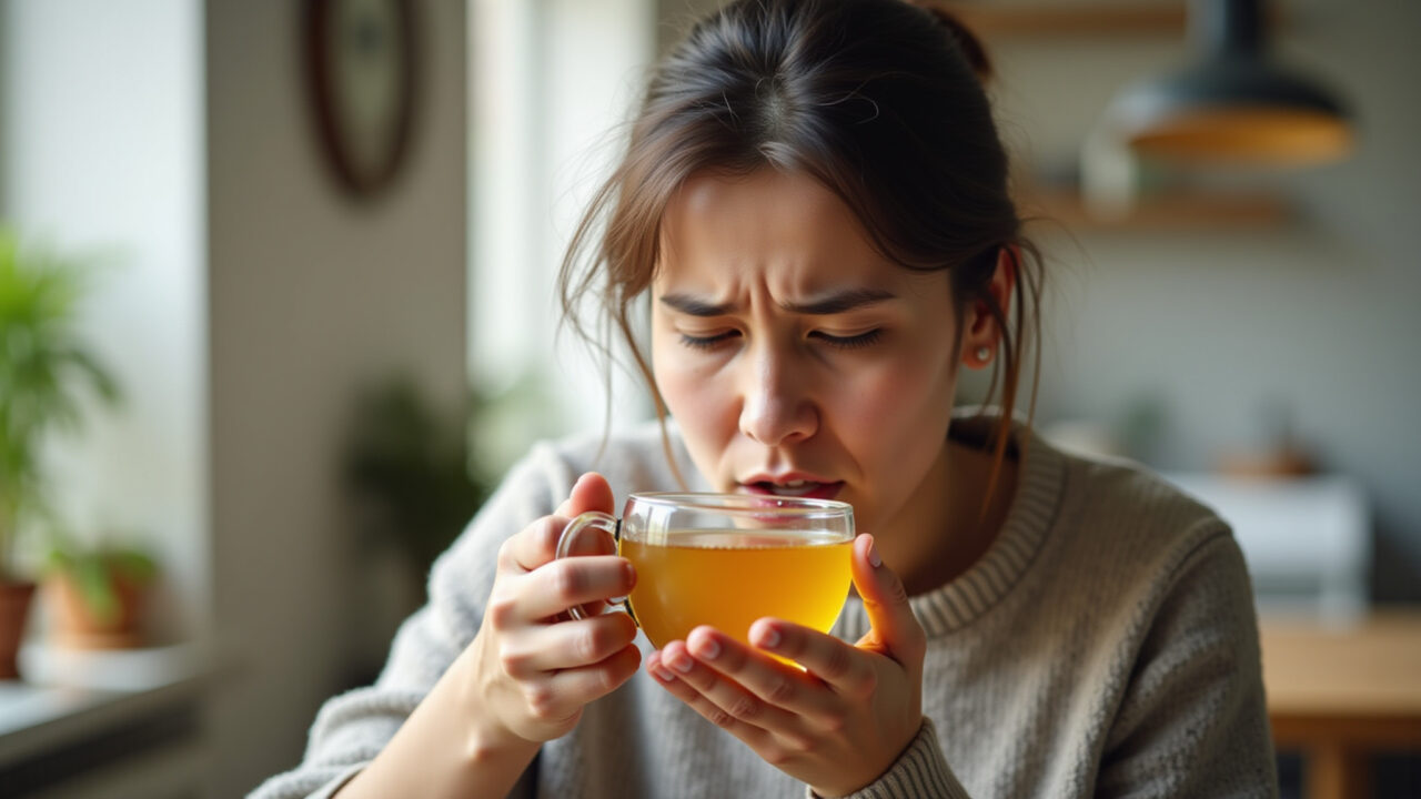 Person with a cough, drinking fennel tea with honey and lemon, cozy home environment, natural Chá de erva-doce para tosse: um remédio caseiro eficaz.