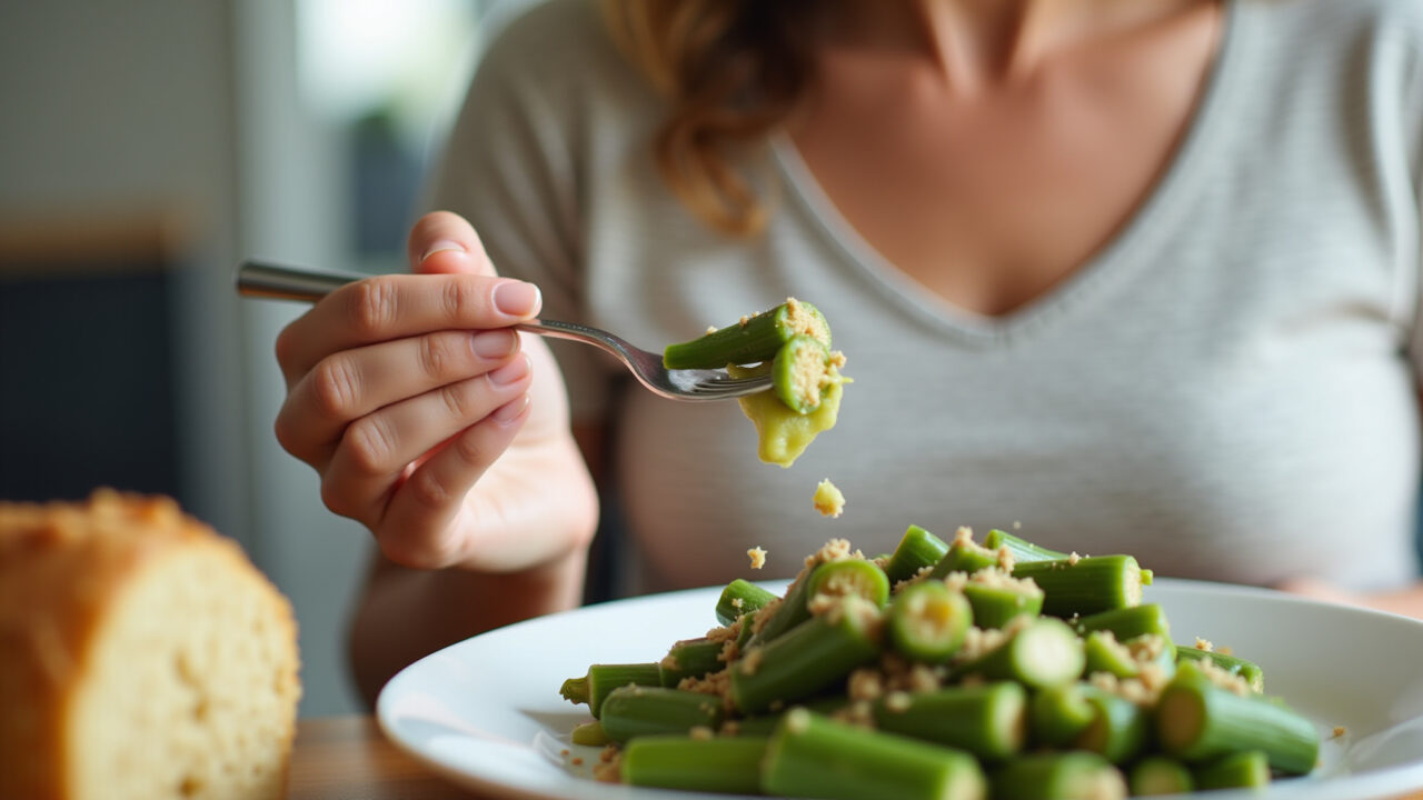 Person with diabetes enjoying okra dish, healthy eating, natural light, 8k, professional Diabético apreciando prato com quiabo.